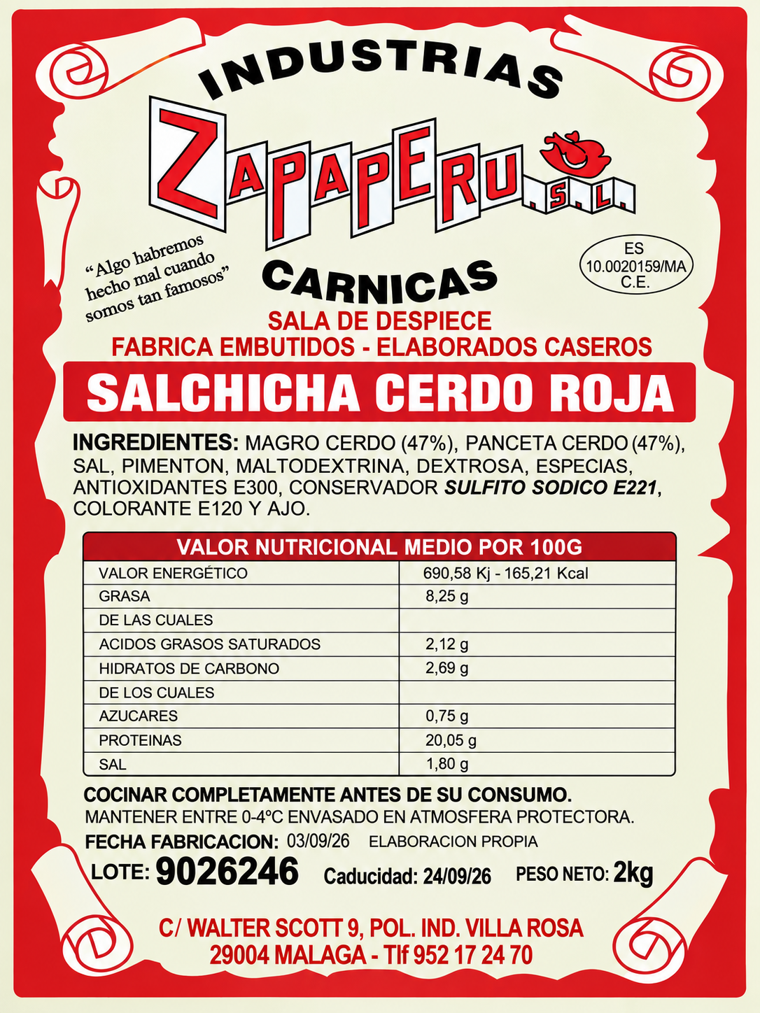 Etiqueta de Salchicha roja de cerdo